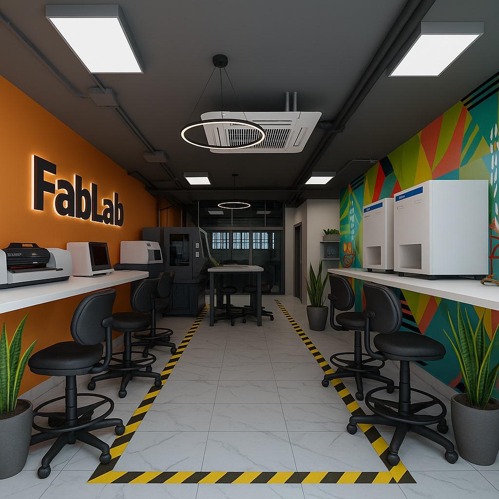 A GreenBy-built FabLab interior with workstations and fabrication equipment