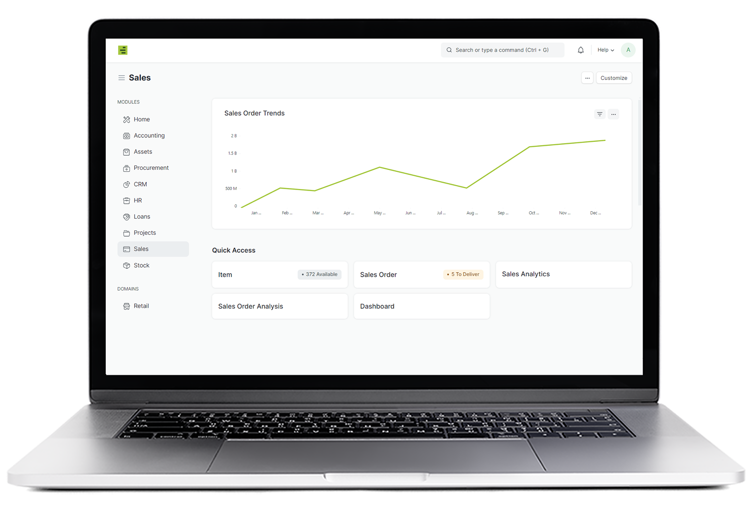 GreenERP Sales workspace showing order-trend analytics and quick access